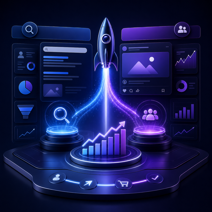 Search and social advertising campaign launch with growth analytics