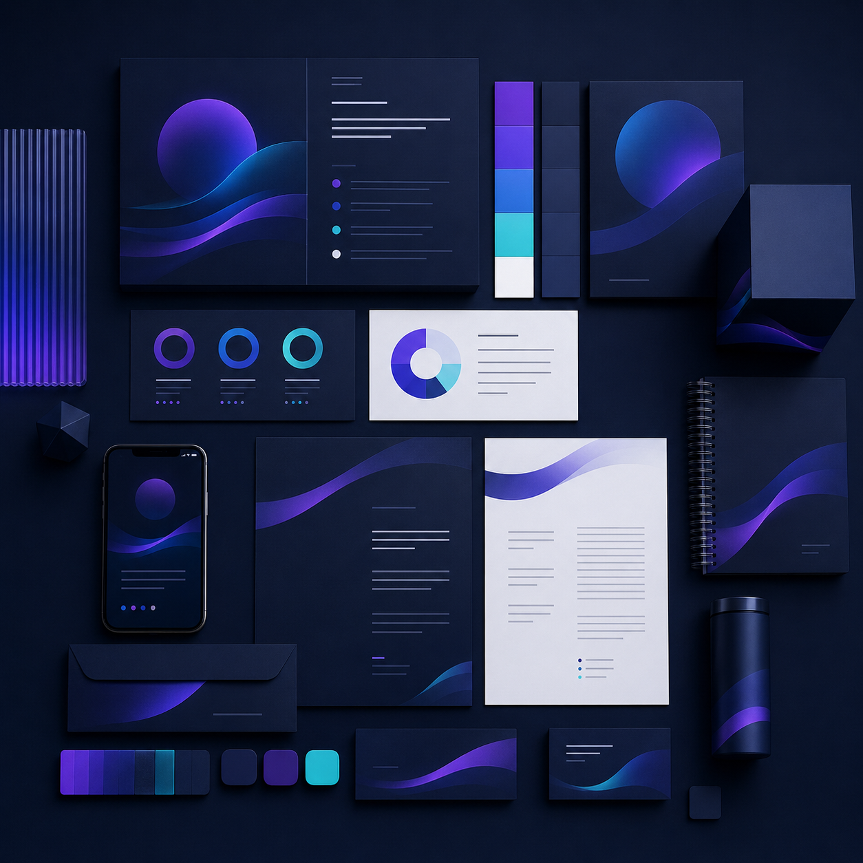 Pixora Web visual identity system with brand colors and digital applications